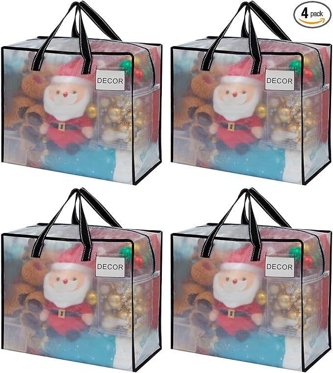 VENO 4 Pack Heavy Duty Moving Bags, Storage Bags, Packing Supplies, Top Zipper, Storage Totes for Camping, Clothes, Bedding, Comforters, Pillows (13 Gallon Clear, 4 Pack)