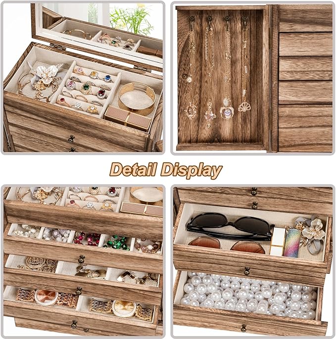 Emfogo Wooden Jewelry Box for Women, 6-Tier Large Jewelry Organizer Boxes with Mirror Rustic Solid Wood jewlery Storage Display for Rings Earrings Necklaces Bracelets watches(Carbonized Black)