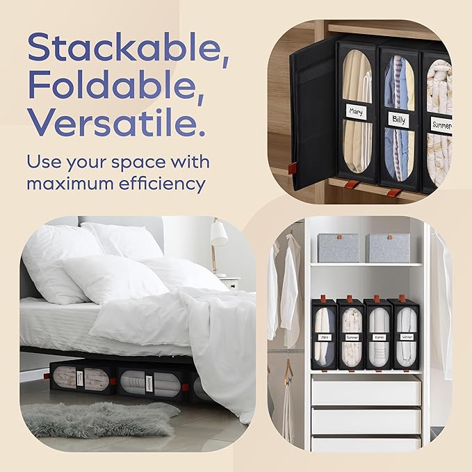 4x Bed Sheet Organizer Storage Boxes with Big See-Through Windows - Bedsheet Organizers Redesigned. Robust Bed Sheet Storage -15x13x5 Inches Sheet Organizers Containers (Black)