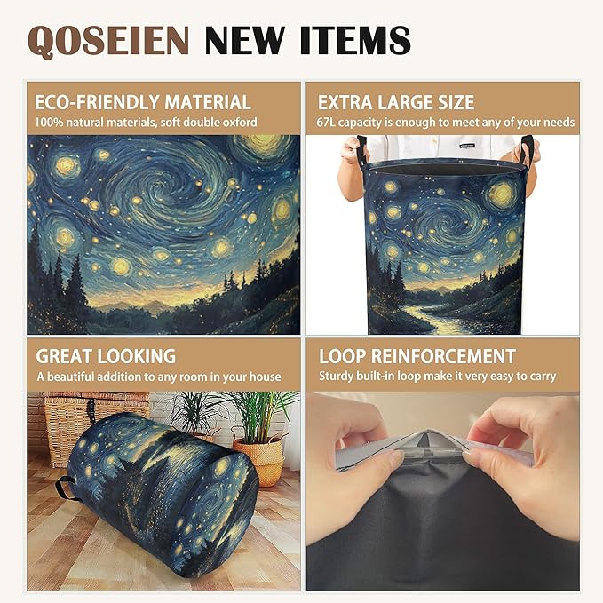 Night Sky Laundry Hamper,Collapsible Laundry Baskets,Stream Fireflies Dirty Clothes Baskets with Handles,Oxford Cloth Hamper for Bedroom,Bathroom,College Dorms, 16"x20"