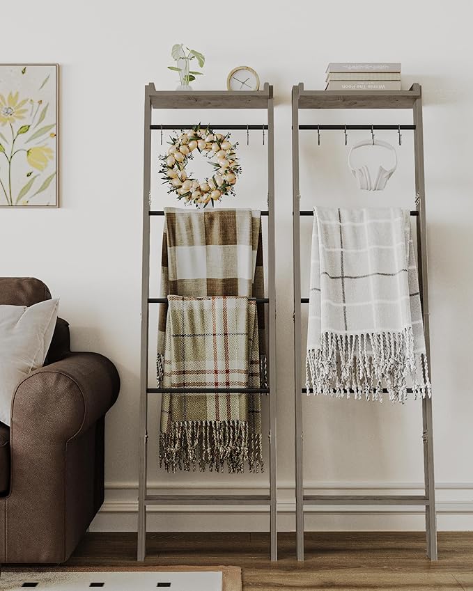 Blanket Ladder Shelf, Decorative Quilt Rack,6-Tier Farmhouse Ladder Holder Organizer with 4 Removable Hooks, Greige BR35805B