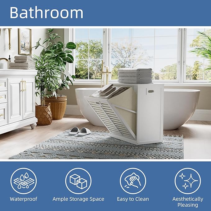 HITNET Tilt Out Laundry Hamper Cabinet, Bathroom Laundry Cabinet with 16 Gallon Clothes Basket, Space Saving Freestanding Bamboo Storage Organizer for Towels and Toys, White