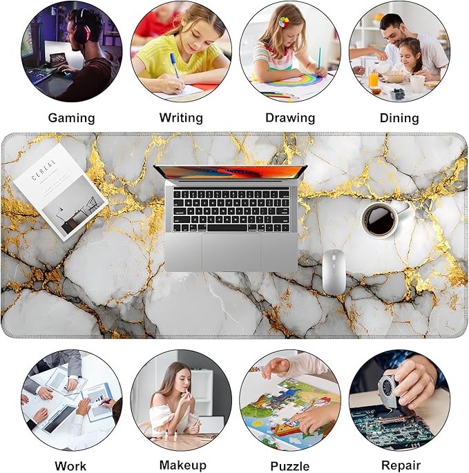 White Marble Mouse Pad – Large Extended Desk Mat 35.43 x 15.75 in – Elegant Gold Vein Design, Non-Slip Rubber Base, Waterproof Surface, Keyboard & Mouse Pad for Office, Gaming, Home Decor