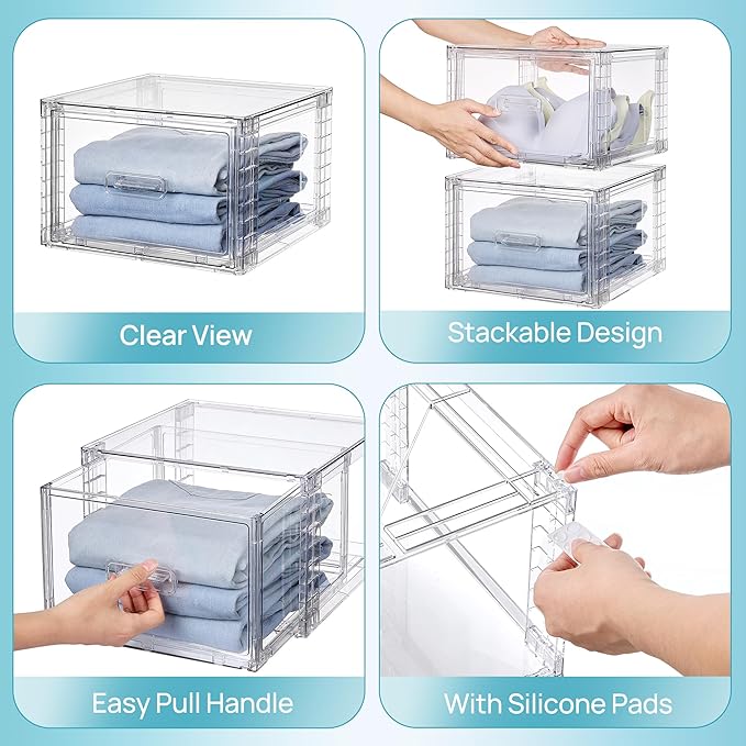Vtopmart 6 Pack 18QT Clear Stackable Storage Drawers,Easily Assemble Closet Organizers,Plastic Storage Bins for Bathroom,Cabinet,Kitchen Pantry,Under Sink Organization(Medium)