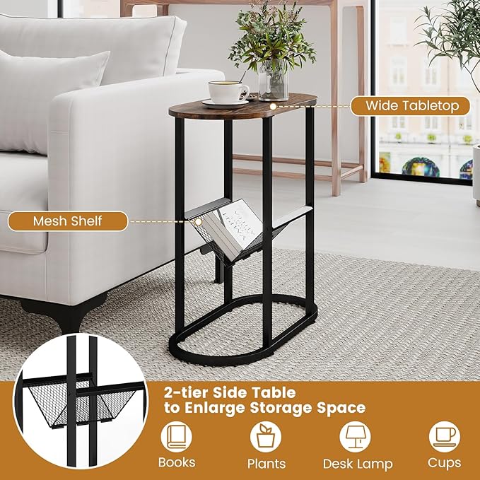 Tangkula Oval Narrow Side Table, 2-Tier End Table w/Mesh Magazine Rack, Steel Frame, Industrial Nightstand, Compact Sofa Bedside Table for Living Room Bedroom, Rustic Brown & Black