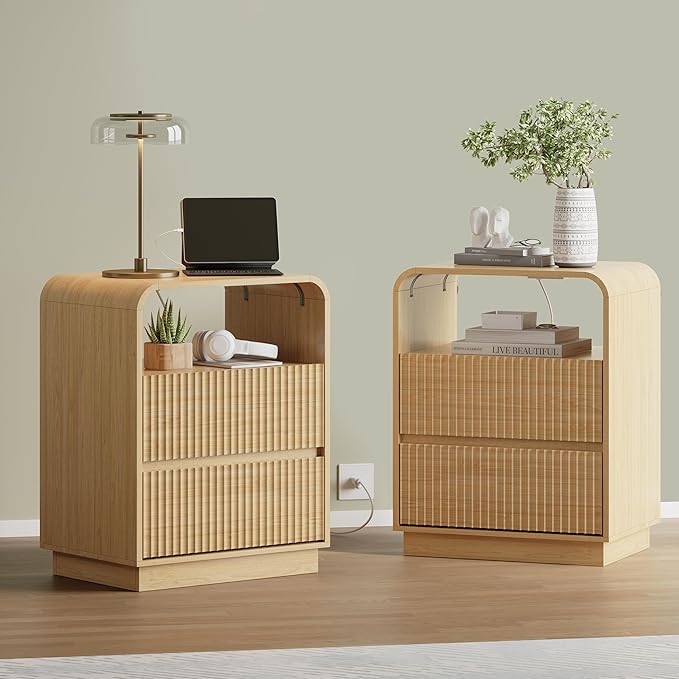 Natural Oak Nightstands Set of 2 with Charging Station, Mid Century Modern End Tables & Bedside Tables, Fluted Wood Small Night Stands with 2 Hidden Drawers and Storage Shelf for Bedroom