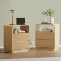 Natural Oak Nightstands Set of 2 with Charging Station, Mid Century Modern End Tables & Bedside Tables, Fluted Wood Small Night Stands with 2 Hidden Drawers and Storage Shelf for Bedroom