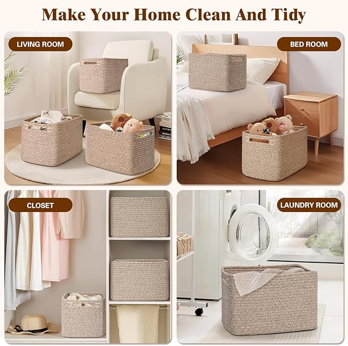 Storage Baskets for Organizing, 4 Pack Storage Baskets for Shelves, Woven Basket for Shelves, Closet Organization, Rectangle Organizer Basket Gifts Empty, 13"Lx8.7"Wx7.9"H Decorative Bins with Handles
