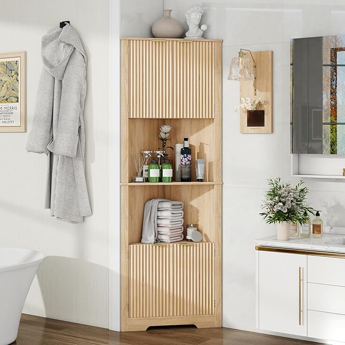 Vabches Corner Bathroom Cabinet, 64 Inch Tall Modern Fluted Corner Cabinet with Doors and Adjustable Shelf Bathroom Space Saver Storage Organizer for Laundry Room, Kitchen(Natural Oak)