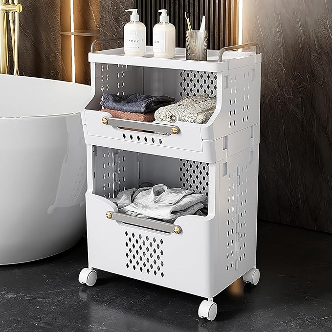 Laundry Basket with Wheels,Rolling Folding Laundry Hamper,utility cart,Kitchen storage Cart,Stackable Storage Bins Open Front,Dirty Clothes Hamper,Plastic laundry room organization
