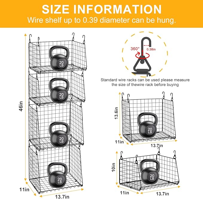 4-Pack Hanging Laundry Room Organizer：Foldable Laundry Room Organizaton Wire Basket with 360°Rotating Hooks Space Saving Over Washer and Dryer Shelves - Metal Laundry Basket Storage, Black Patent
