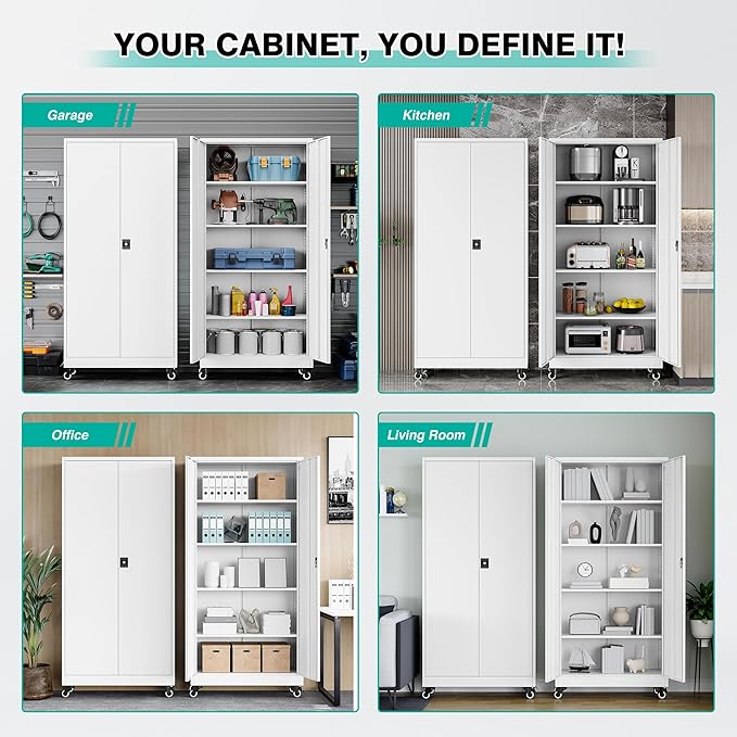 SISESOL 75" Tall Metal Storage Cabinet with Wheels,Rolling Garage Storage Cabinet with Lock,White Metal Cabinets with Wheels and Shelves,Tool Cabinets on Roller for Garage,Home,Office,Shop