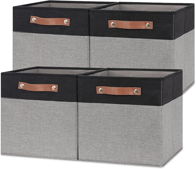 Temary Fabric Cube Storage Bins 12 Inch Decorative Storage Cubes Baskets 4 Pack Foldable Cube Storage Bins for Closet, Shelves (Black&Grey)