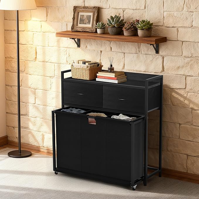 Laundry Hamper with 3 Section Rolling Bags, Laundry Sorter with Wheels, Laundry Basket with 2 Drawer for Laundry Room (Charcoal Black)