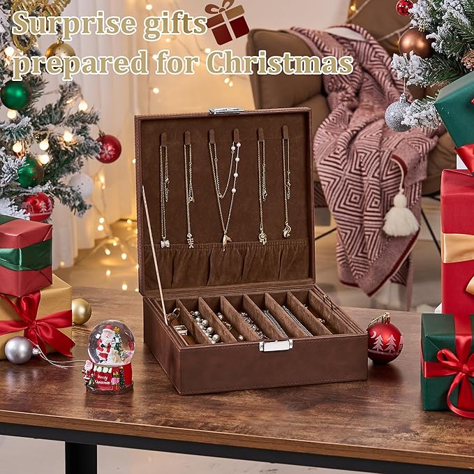 BEWISHOME Necklace Organizer Box, 2-Layer Jewelry Box to Save Space, Modern Style Necklace Storage Box, Brown Necklace and Bracelet Holder for Women, Girls, SSH31Z
