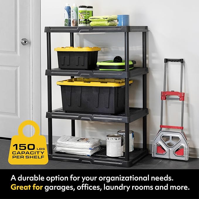 CX 4-Tier (53”H x 36”W x 18”D) Plastic Storage Shelving Unit (Black) 2 Pack, Heavy Duty, 150lbs Per Shelf Capacity, Indoor/Outdoor Storage Organization in Home, Garage, Office, Easy Assembly