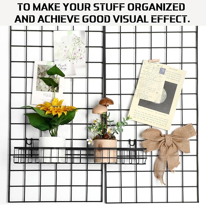 Blulu 4 Pcs 15.75 x 3.94 x 1.97 Inch Metal Grid Wall Baskets with Hooks Grid Wall Shelves Hanging Wire Basket Multi Function Storage Organizer for Kitchen Organizing Display (Black)