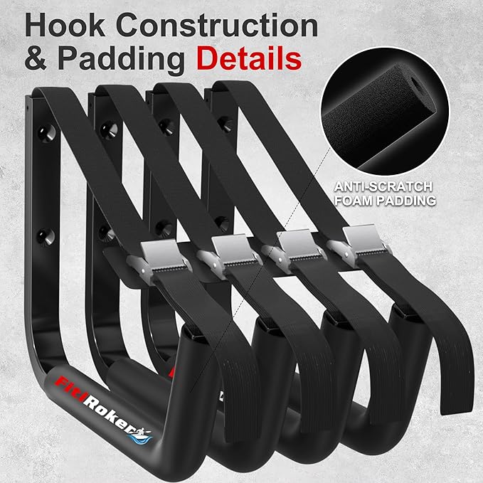Kayak Storage Rack – 100LB Heavy Duty Kayak Wall Mount with Foam Padding & Straps | Kayak Rack for Garage, Wall Mounted Storage Hooks for Canoes, Paddle Boards, Ladders, Bikes (Square Tube)