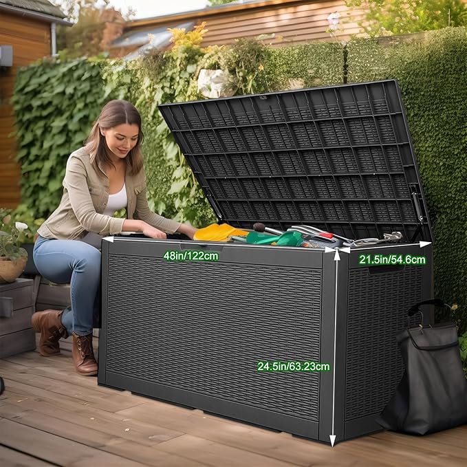 120 Gallon Outdoor Deck Box,Storage Lockable Waterproof Patio Furniture,Garden Tools,Cushions,Pool Accessories Outside Storage Resin Box(Black)