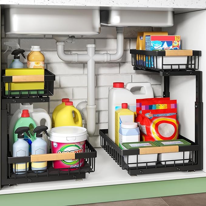 Pull out Cabinet Organizer, 2 Tier Under Sink Organizer, Slide out Metal Kitchen Cabinet Organizers Drawer Shelf, Sliding Storage Shelves for Kitchen Bathroom Pantry Cabinet Closet Organization Rack
