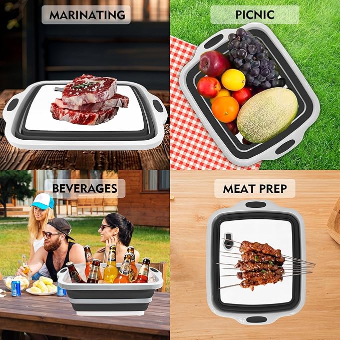8L/16L BBQ Prep Tub with Cutting Board, Lid & Complimentary Mitts/Gloves – Collapsible Bucket for BBQ, Marinade, Picnic, Camping, Meat Prep – Orange/Black (Black, X-Large)
