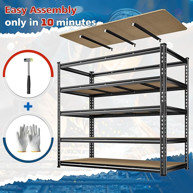 55" W Storage Shelves, 2550LBS Garage Shelving, 5-Tier Metal Shelving Unit, Adjustable Heavy Duty Shelving for Garage, Warehouse, Pantry, Kitchen, 55" W × 24" D × 72" H, Black