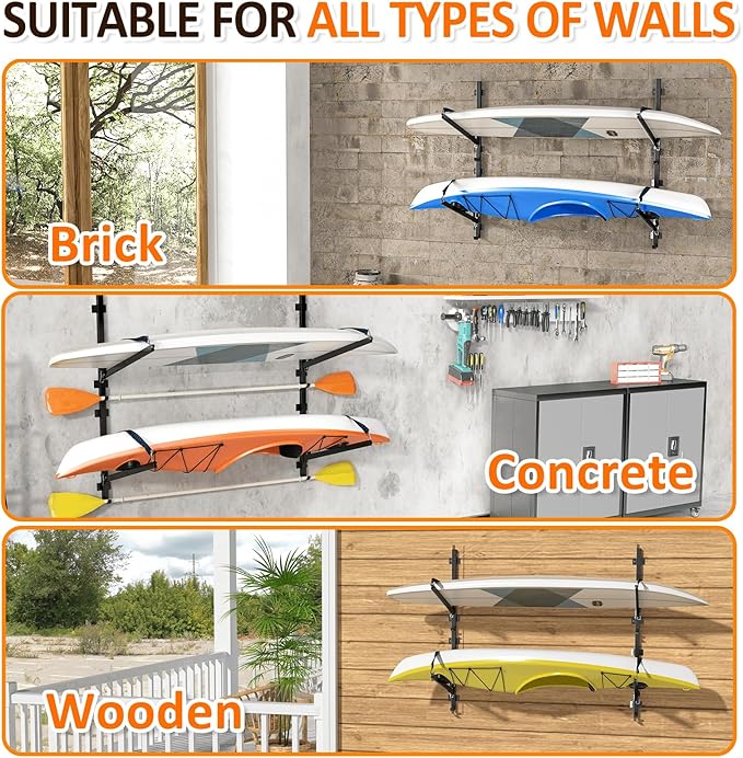 Kayak Storage Rack for Garage Wall Mount - Heavy L-Frame Holder with Anti-Slip Bungee & Complete Installation Kit, Supports 150LB (Fits Canoe/Paddle Board, Black)