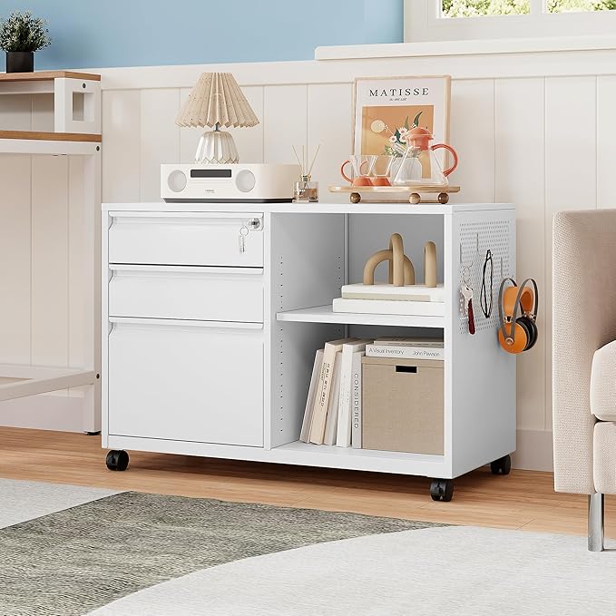 MIIIKO File Cabinet 3 Drawer, White Filing Cabinets with Shelf, Home Office Rolling File Storage Cabinet with Lock, Metal Printer Stand with Casters Office Storage A4, Letter Legal File Folders