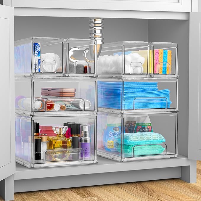 Sorbus Large Clear Stackable Storage Drawers – 4-Pack Plastic Organizer Bins with Handles – Stackable Pull-Out Storage Drawers for Closet, Pantry, Office, Bathroom, Craft, and Toy Organization