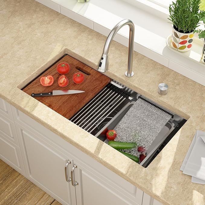 Lordear 30 Inch Undermount Waterfall Kitchen Sink - 30 Inch Undermount Kitchen Sinks Workstation 16 Gauge Single Bowl Handmade Under Counter Smart Kitchen Sink