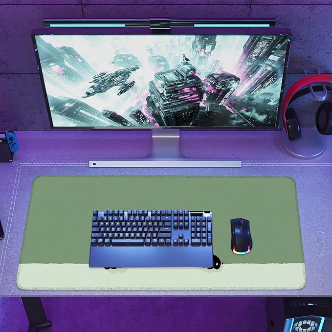 Cute Black Cat Large Mouse Pad – Extended Desk Mat 35.43 x 15.75 in – Kawaii Kitty Peeking Over Edge, Green Background, Non-Slip Rubber Base, Waterproof Keyboard & Mouse Pad for Office or Gaming