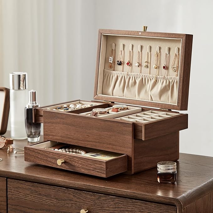 Wooden Jewelry Box for Women, 3 Level Multi-functional Drawers Black Walnut Jewelry Organizer Box, Watch, Necklace, Ring, Earring Storage - Gifts (No Mirror)