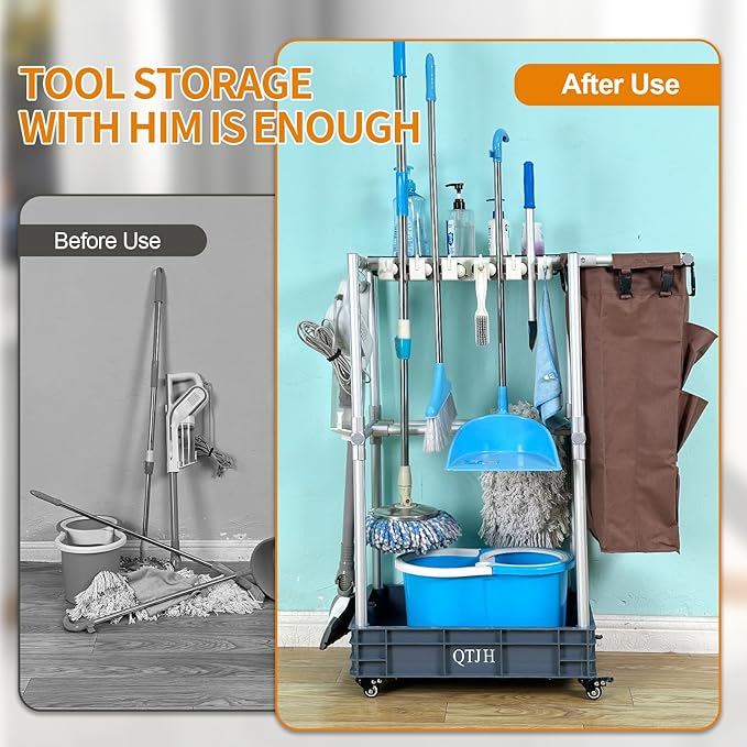 Rolling Cleaning Cart, Cleaning Tools Organizer, Housekeeping & Janitorial Cart