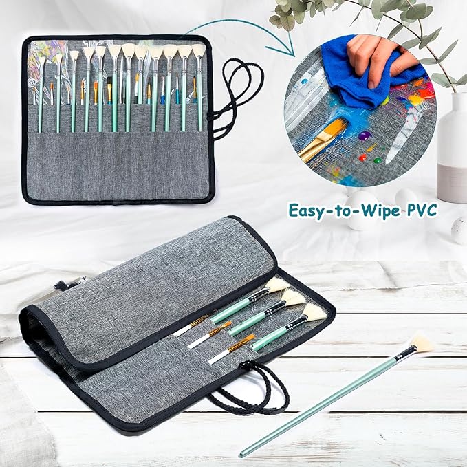 Acrylic Paint Organizer Bag with Washable Roll-Up Brush Holder, 2-Layer Art Supply Case, Large Craft Organizer with Foam Inserts for Apple Barrel, Shuttle Art, Caliart Art Supplies Storage Bag