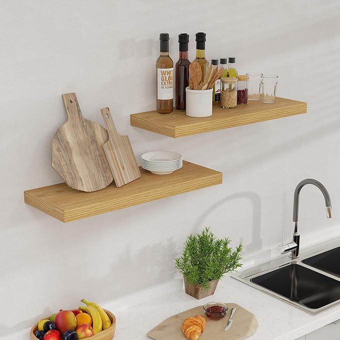 Fun Memories 24 Inch Floating Shelves for Wall 2 Pack for Bedroom|Kitchen|Bathroom, Wall Mounted Rustic Wood Shelves, 9.3 Inch deep Floating Shelf with Invisible Brackets for Books|Storage|Decor,Oak