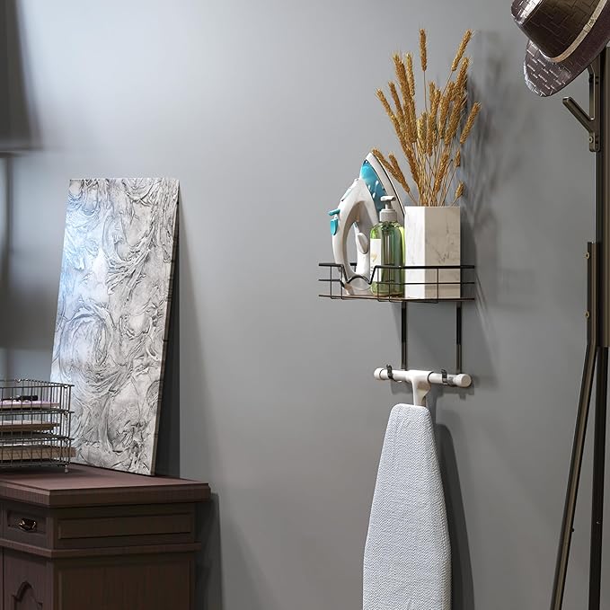 Simple Houseware Wall Mount Ironing Board Holder with Hanger Storage Shelf, Black