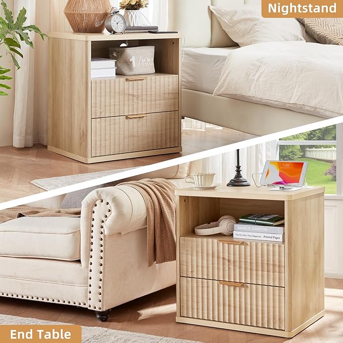 LEYAOYAO Fluted Nightstand with Charging Station, 23" Modern Night Stand with Woodgrain Top, 2 Drawers End Table w/Storage, Bedside Tables for Bedroom, Living Room, Curved Profile Design,Wood