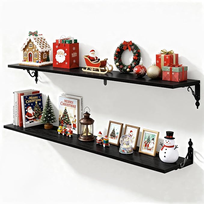 Fun Memories Large Floating Shelves for Wall 48 Inches Long, 8 Inch Deep Shelves with Metal Bracket, 48 Inch Floating Shelves Wall-Mounted, Wide Display & Storage Bookshelves, Black, Set of 2