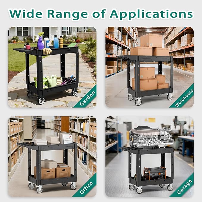 Heavy Duty Utility Rolling Tool Cart, 550 lbs Capacity Plastic Rolling Carts with 360°Swivel Wheels, 40 x 17 Inch Service Cart, 2 Shelf Work Cart for Warehouse,Garage, Cleaning, Black