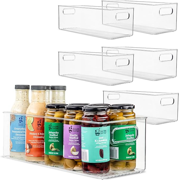 primebox Plastic Food Storage 6 Pack Clear Container Bin with Handles for Organizing Kitchen, Pantry, Fridge, Freezer, Pantry, Bathroom. 14"x6"5"