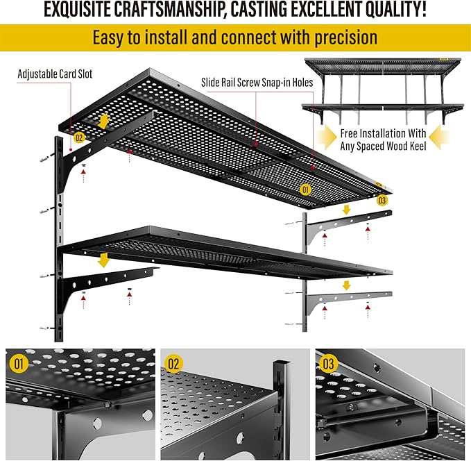 2-Pack 2 Tier 1.3x4ft Garage Shelving Wall Mounted, 520lbs Load Capacity，15.6x48inch per Shelf Height Cassette Adjustable Floating Shelves, Black