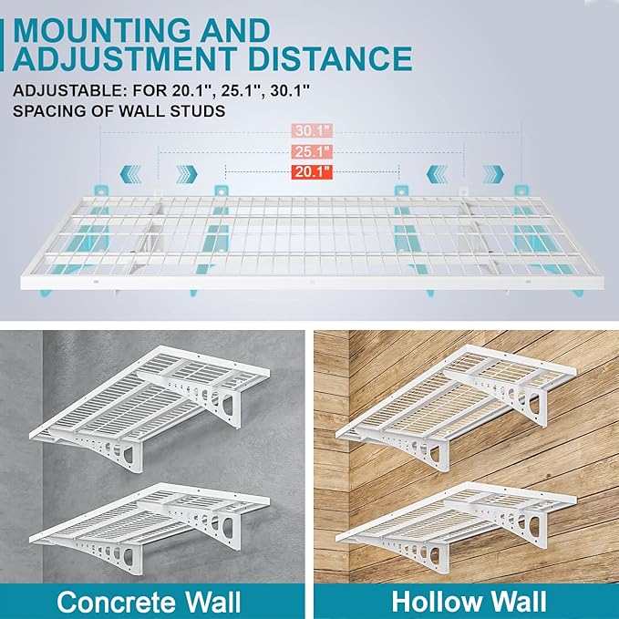 2-Pack 1.5×3.8ft Garage Wall Shelving, 18×45.6 inches Heavy Duty Wall Mounted Shelves, Garage Storage Shelf, 500 lbs Load Capacity, Black (White, 2 Pcs 1.5 * 3.8 ft)