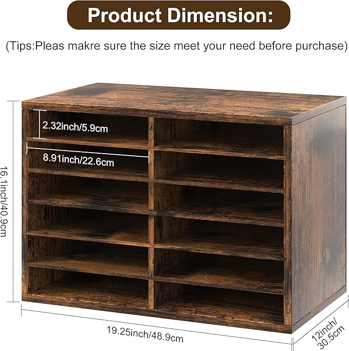 Literature Organizer 12 Slots Wooden Mailboxes for Classroom Office Mail Organizer Countertop Vertical File Sorter with Adjustable Shelves Heavy Duty Office Mailbox Cubbies, Rustic Brown