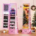 LVSOMT LED Mirror Jewelry Cabinet Standing, 360°Swivel Jewelry Armoire with Full Length Mirror, Mirror with Jewelry Storage and Large Wooden Drawer for Christmas Gifts (Pink)