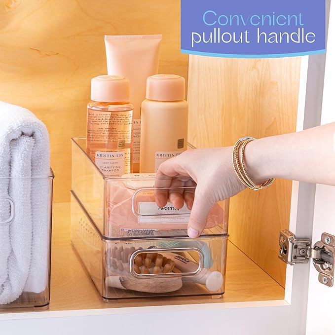 primebox Plastic Food Storage 6 Pack Clear Container Bin with Handles for Organizing Kitchen, Pantry, Refrigerator, Freezer, Pantry, Cabinet, Closet, Bathroom. Stackable 10”x6”x3”