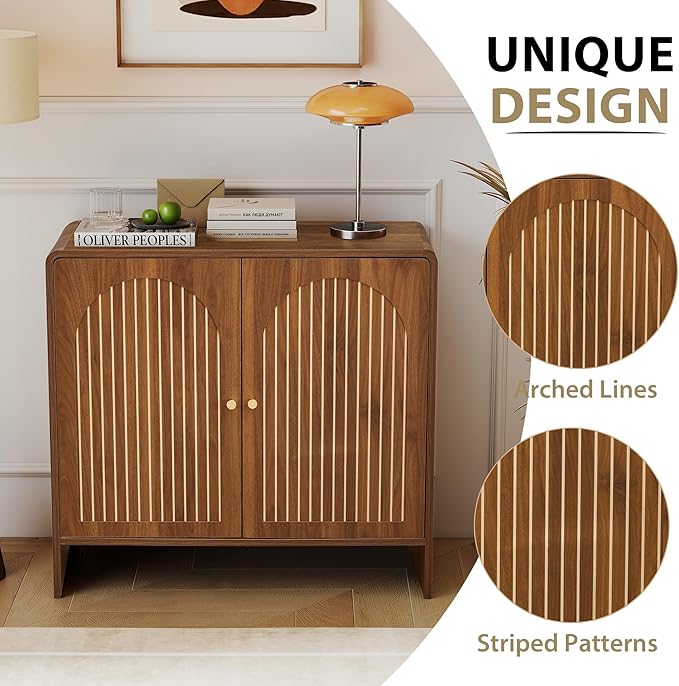 Sideboard Buffet Cabinet with Storage, Wood Arched Storage Cabinet with 2 Doors and Adjustable Shelf, Small Curved Entryway Accent Cabinet for Living Room Hallway Kitchen Dining Room, Walnut
