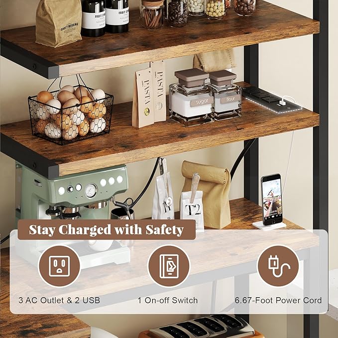 L-Shaped Bakers Rack with Power Outlet, 6-Tier Microwave Stand with Open Storage, Coffee Bar with Hooks, Mesh Grid, Kitchen Shelf with Wire Basket, Rustic Brown and Black