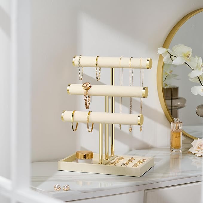3 Tier Bracelet Holder Display - Detachable T Bar Beige Velvet Bracelet Holder, Jewelry Holder Organizer for Bracelet, Necklace, Earrings, Rings