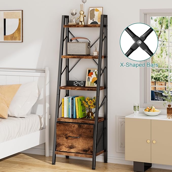 Vongrasig Ladder Bookshelf with Drawer, 5 Tier Industrial Bookcase Display Shelf, Tall Narrow Bookcase Corner Freestanding Rack Storage Organizer for Home Office, Living Room