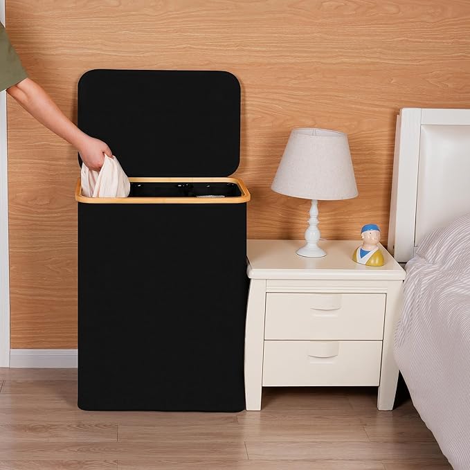 efluky Laundry Hamper with Lid, Trio Laundry Hamper with 3 Removable Bags, 3 Section Laundry Basket with Bamboo Handles for Bathroom, Bedroom & Laundry Room, 160L Black